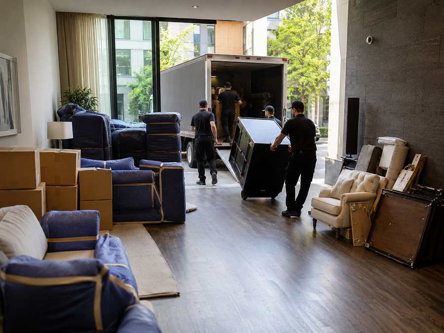 Déménageurs évacuant meubles et encombrants d'un appartement vers un camion