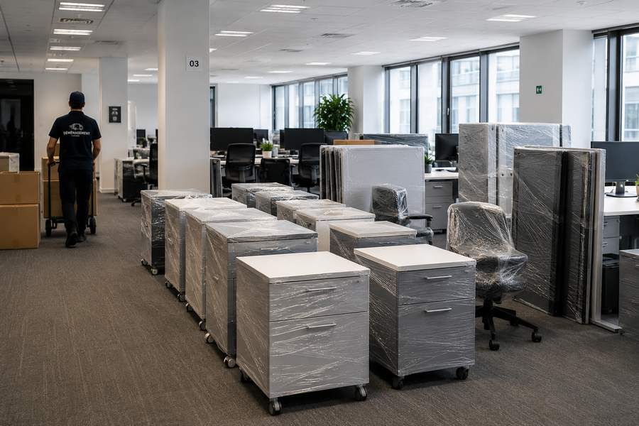 Transfert de bureaux avec mobilier filmé et caissons à roulettes