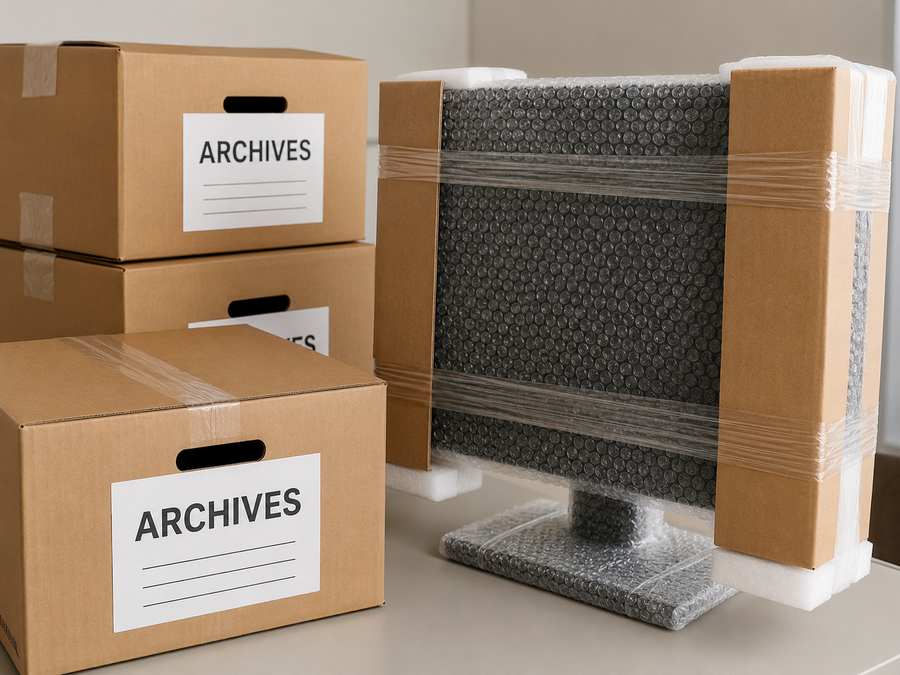 Cartons archives et matériel informatique emballés prêts au transport