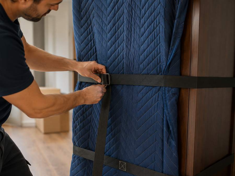 Déménageur enveloppant une armoire dans une couverture de protection