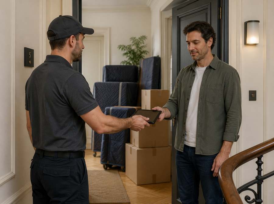 Déménageur remettant un document à un client sur un palier