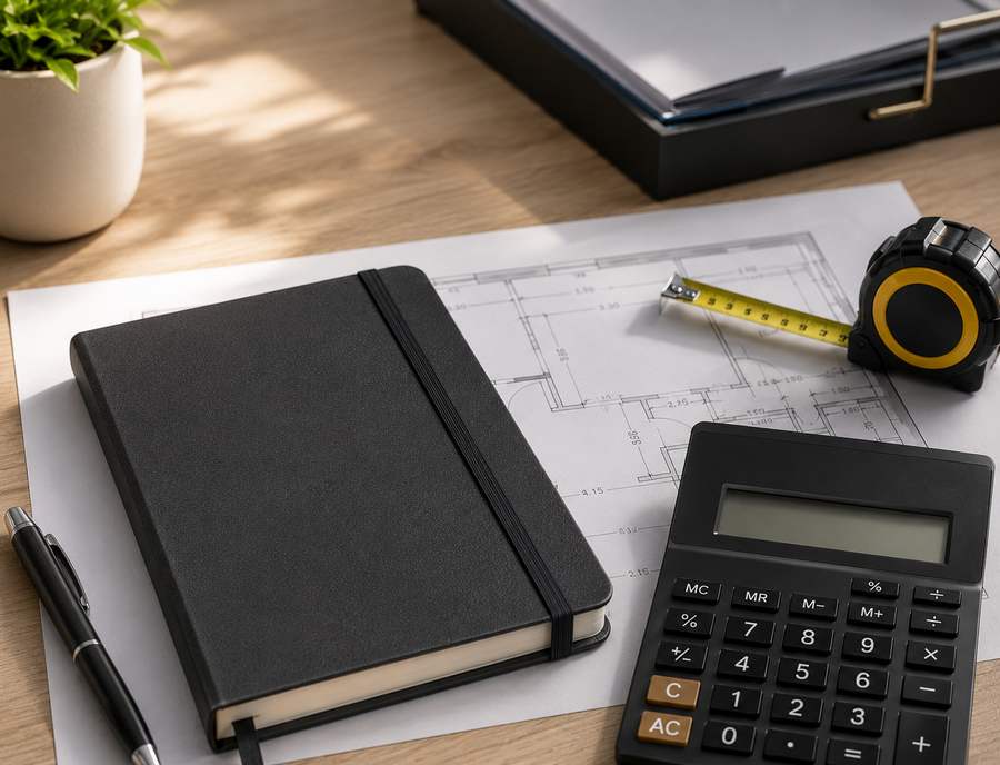 Carnet, mètre ruban et plan d'appartement pour un devis