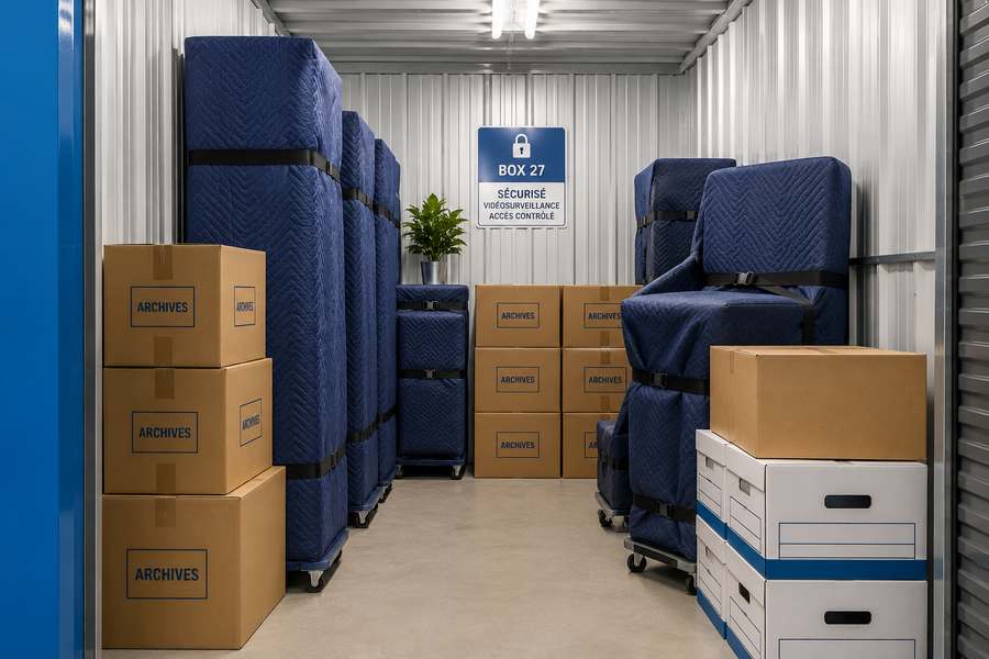 Box de stockage avec meubles housses et cartons empilés