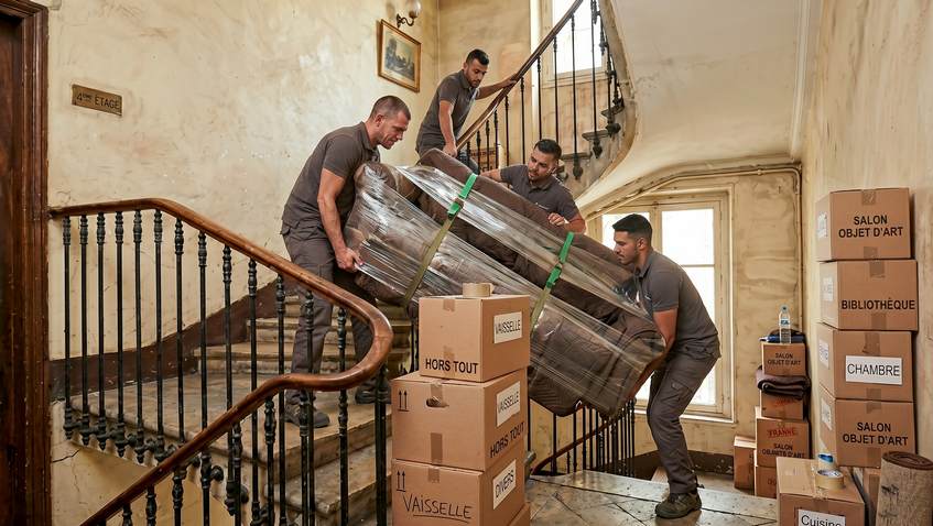 Déménageurs portant un canapé emballé dans un escalier