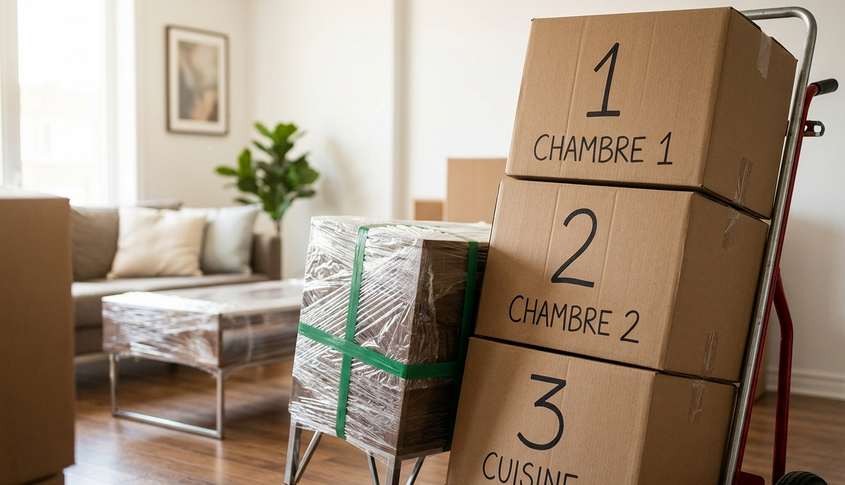 Cartons numérotés et meuble filmé sur un diable