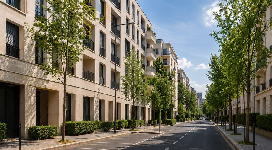 Rue résidentielle bordée d'immeubles dans l'ouest parisien